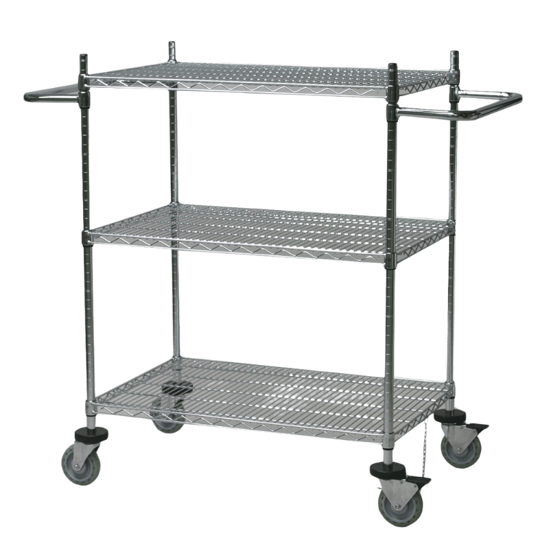 Industrial Transport Trolley and Mobile Cart - Wire Shelving Push Cart - Stainless Steel - 3-tier - Safe Push Handle